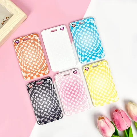 Cartoon Game Console Transparent Card Holder With Keychain For Students Bus ID Card Case Relief Grid Pattern Anti-lost Protective Cover