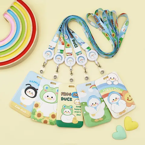 Cute Cartoon Animal Swan ABS Sliding Card Holder With Lanyard Protective Student ID Campus Badge Holder For Kids School Stationery Case