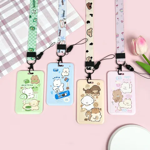 Cute Cartoon Animal Sliding Card Holder Protective ID Sleeve With Lanyard Keychain For Students Campus Meal Card Holder Bus Card Pass Cover Protector