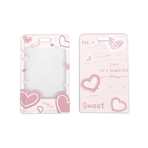 Lindo Porta Credencial de Plástico Deslizante Rosa con Corazón Funda Protectora de Tarjeta Ventana Transparente Con Cordón para Estudiantes Mujeres