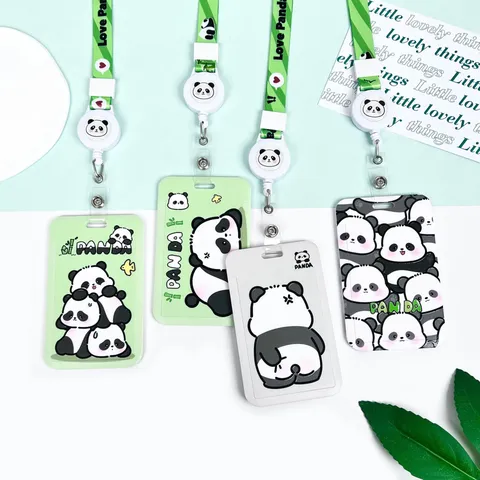 Cute Cartoon Panda Card Holder ABS Sliding Cover Embossed Badge Holder Keychain Lanyard Protection Sleeve for Students Bus ID