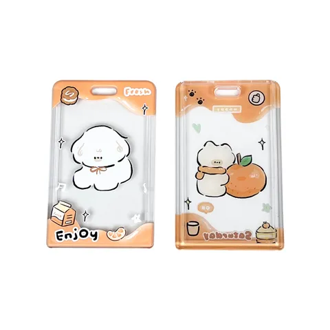 Transparent Cute Cartoon Card Holder Protective Case With Lanyard Sliding Cover ID Meal Pass Card Sleeve For Students