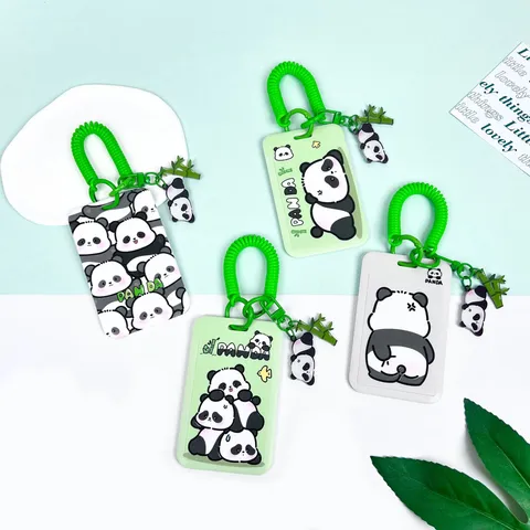 Cute Cartoon Panda Card Holder ABS Sliding Cover Embossed Badge Holder Keychain Lanyard Protection Sleeve for Students Bus ID