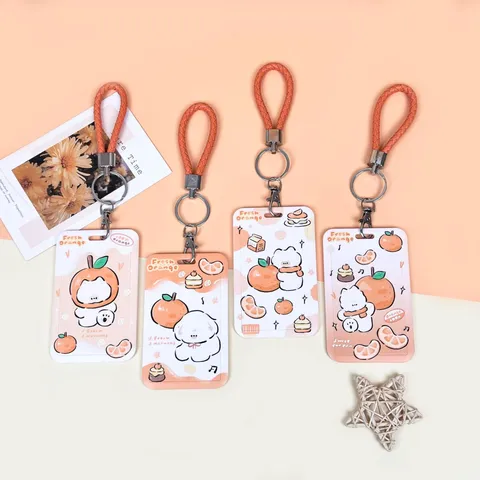 Portatessere a Scorrimento Stampato con Cane Cartone Animato e Arancia Custodia Protettiva in ABS per Carte con Cordino Estensibile