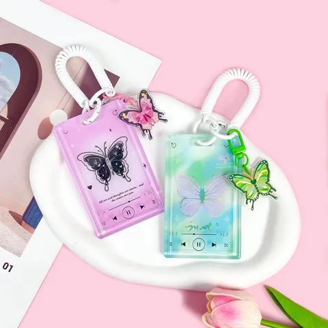 Transparent PS Card Holder Music Player UI Butterfly Pattern Student ID Badge Case Protective Cover With Lanyard Keychain