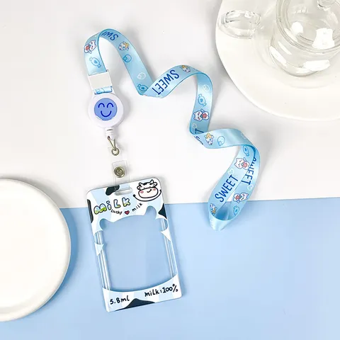 Cute Cartoon Cow Print Transparent Plastic Sliding Card Holder With Lanyard Keychain ID Badge Holder School Bus Card Case For Students