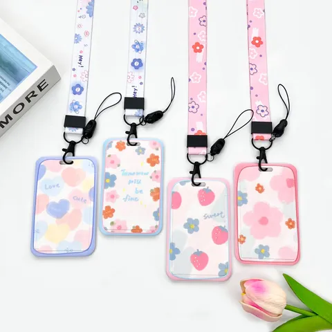 Ins Style Transparent ABS Sliding Card Holder For Student ID Bus IC Card Cute Floral Heart Patterns Protective Sleeve With Lanyards