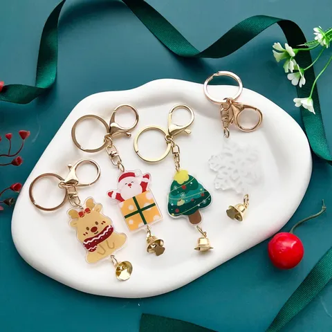 Christmas Acrylic Bell Keychain Cute Cartoon Santa Snowman Reindeer Tree Snowflake Pendant Bag Hanging Accessory Holiday Gift