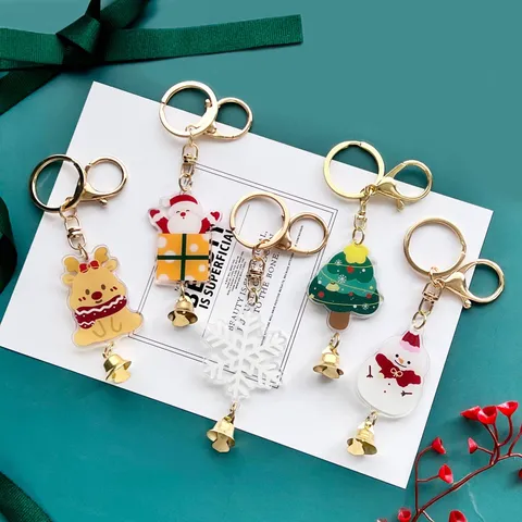 Christmas Acrylic Bell Keychain Cute Cartoon Santa Snowman Reindeer Tree Snowflake Pendant Bag Hanging Accessory Holiday Gift