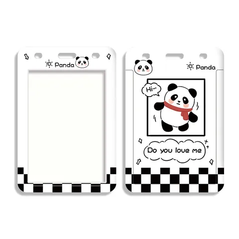Cartoon Niedlicher Panda Ausweishalter Studenten Schulbuskarte Schutzhülle Schwarz Weiß Schachbrett ABS Kunststoff Badge Holder Mit Schlüsselband