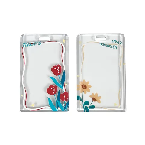 Transparent Sliding Card Holder With Floral Pattern Lanyard Keychain For Student ID IC Card Protective Cover Office Badge Sleeve
