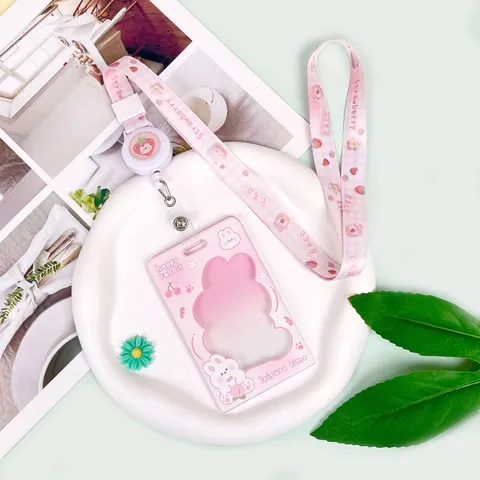 Transparent PS Cartoon Animal Card Holder ID Badge Sleeve With Retractable Lanyard For Students And Office Use