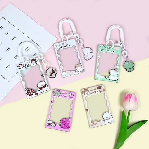 Cartoon Transparent Sliding Card Holder For Students Cute Animal PS Plastic ID Meal Card Sleeve With Lanyard Keychain