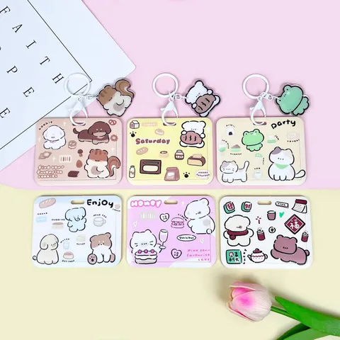 Cute Cartoon Dog Slide Cover Card Holder With Lanyard Keychain Student ID Bus IC Card Protector ABS Plastic Horizontal Case