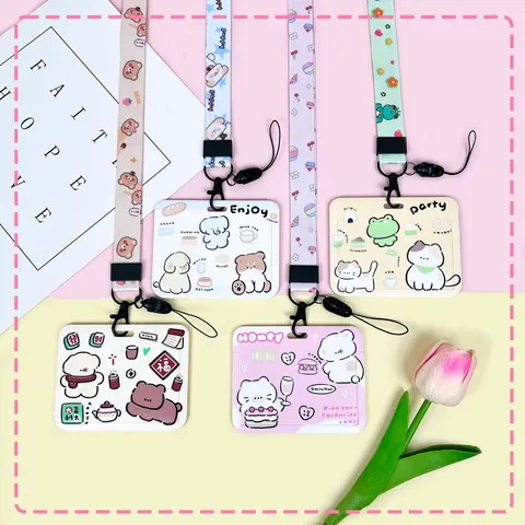 Cute Cartoon Dog Slide Cover Card Holder With Lanyard Keychain Student ID Bus IC Card Protector ABS Plastic Horizontal Case