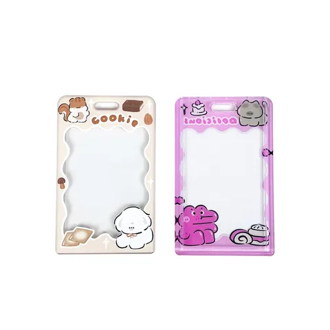 Cartoon Transparent Sliding Card Holder For Students Cute Animal PS Plastic ID Meal Card Sleeve With Lanyard Keychain