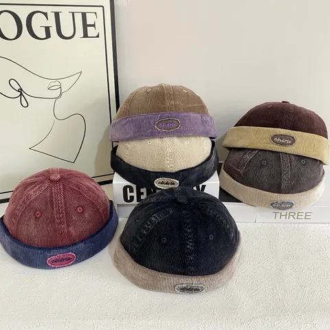 Vintage Corduroy Brimless Beanie Color Block Docker Hat For Men Women Retro Miki Hat Distressed Winter Warm Beanie Cap