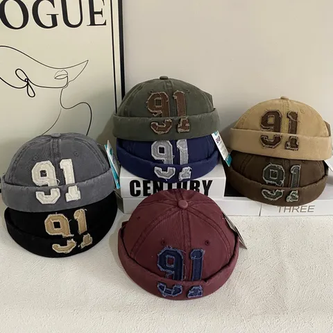 American Vintage Distressed Brimless Cap Cotton Embroidered Number Docker Hat Hip Hop Streetwear Adjustable Beanie Cap For Men Women