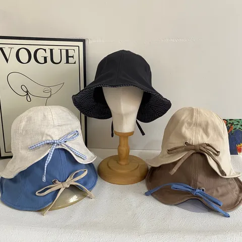 Women Minimalist Cotton Linen Blend Bucket Hat Sunshade Breathable Plaid Bowknot Reversible Sun Hat For Outdoor Daily Travel