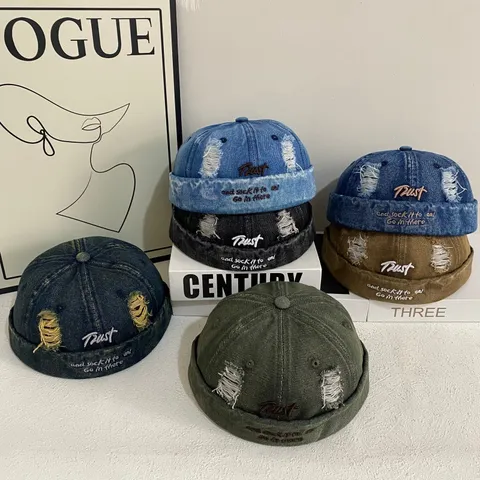 Japanese High Street Distressed Denim Landlord Hat For Men Women Brimless Skull Cap Washed Hole Hip Hop Embroidery Melon Cap