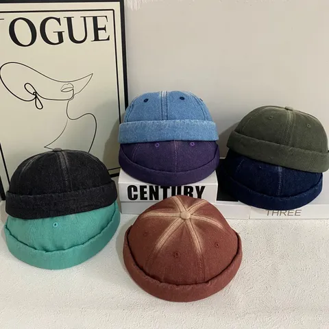 Berretto Docker Giapponese in Cotone Lavato Vintage Berretto Miki Regolabile Unisex Denim Skullcap Streetwear Berretto Senza Tesa