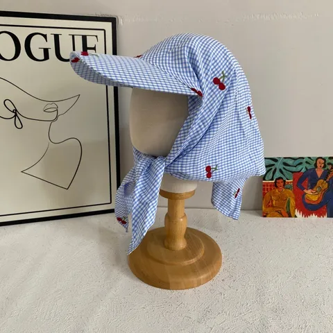 Cappello Turbante A Quadri Per Donna Ricamo Ciliegia Berretto Parasole Estate All Aperto Traspirante Bandana Regolabile