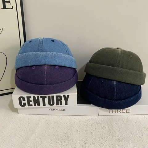 Berretto Docker Giapponese in Cotone Lavato Vintage Berretto Miki Regolabile Unisex Denim Skullcap Streetwear Berretto Senza Tesa