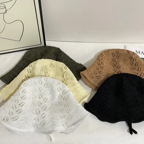 Korean Style Wheat Ear Hollow Knitted Bucket Hat For Women Lace-up Breathable Sun Hat Rolled Edge Sweet Fisherman Hat Travel Beach Sunshade Hat