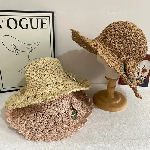 Handgewebter Strohhut Für Damen Mit Blumenakzent Retro Sonnenschutz Strand Strohhüte Casual Lässig Täglich Reisen Kappe