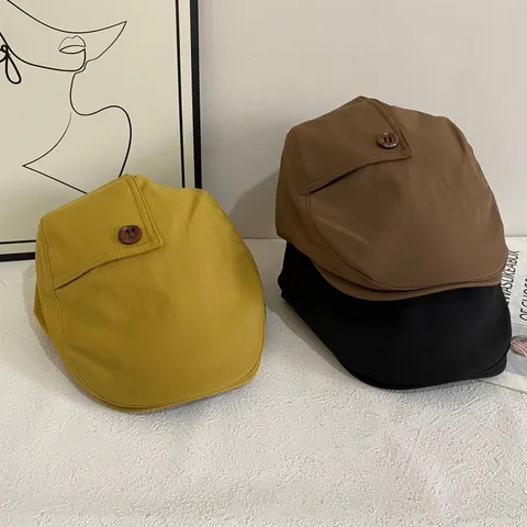 Koreanischer Retro Stoff Schiebermütze Mit Knopfverzierung Modisch Vielseitig Einfarbig Kurze Krempe Baskenmütze Für Damen Lässig Täglich Accessoires