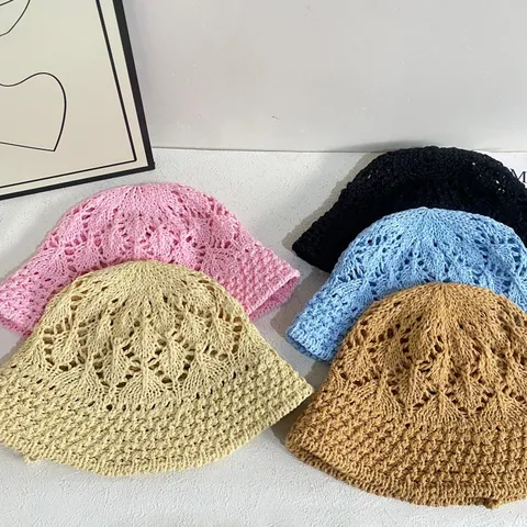 Women Hollow Out Straw Woven Hand Crochet Bucket Hat Summer Beach Vacation Sunshade Sun Protection Hat With Lace-up Strap