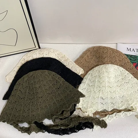 Japanese Style Hand Crochet Lace Up Hollow Out Bucket Hat Women Summer Breathable Sunshade Sun Hat Ribbon Knitted Fisherman Cap