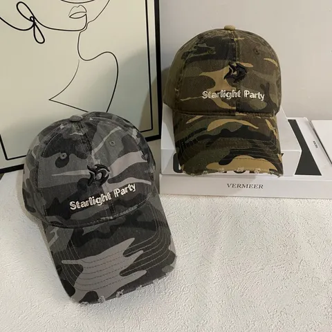 Gorra de Béisbol Táctica de Camuflaje Vintage para Mujeres Hombres Bordado 3D Letras Visera Curva Desgastado Sombrero de Protección Solar