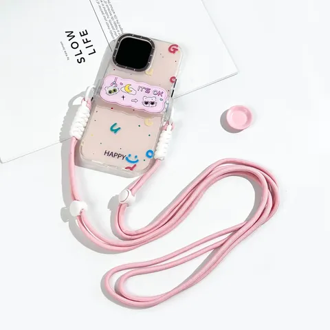 Golvende Acryl Telefoon Backclip Met Koord Crossbody Lange Halsketting Draagbare Anti-Val Schattige Cartoon Kat Telefoonhouder Riem Voor Dames Heren