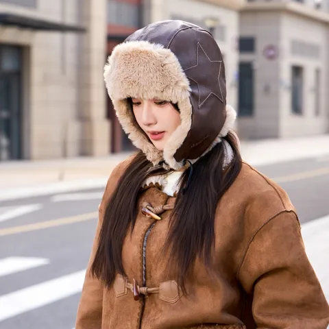 Chapeau de Trappeur Hiver Épais Chaud Rétro Cuir Bomber Chapeau Coupe-vent Rabat-oreilles Pilote pour Hommes Femmes Cyclisme en Plein Air