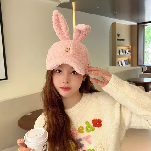 Cute Plush Bunny Ears Baseball Cap Winter Warm Lamb Fleece Hat Casual Animal Embroidery Duck Tongue Hat