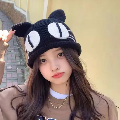 Cute Cat Ear Knitted Hat Women Winter Warm Woolen Beanie Sweet Student Pullover Hat Casual Fashion Headwear