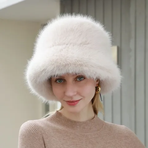Chapeau Bob d'Hiver Chaud en Fausse Fourrure de Renard pour Femmes Style Coréen Doux Chapeau de Pêcheur en Peluche Décontracté Extérieur