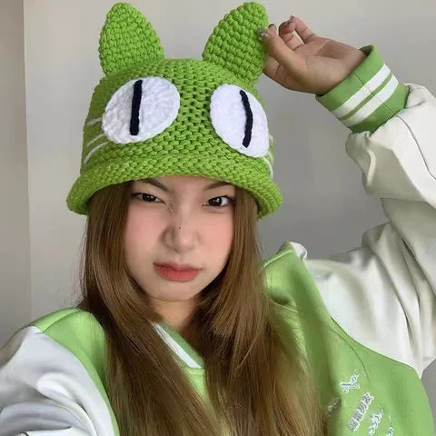 Cute Cat Ear Knitted Hat Women Winter Warm Woolen Beanie Sweet Student Pullover Hat Casual Fashion Headwear