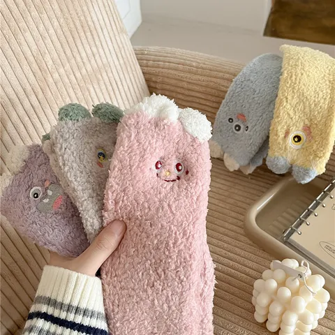 Women Thickened Coral Fleece Sleep Socks Cute Cartoon Embroidery Winter Warm Fuzzy Floor Socks Sweet Home Cozy Socks