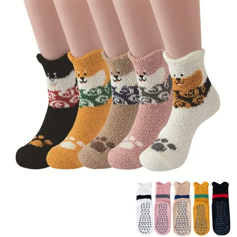 Women Winter Warm Fluffy Anti Slip Slipper Socks Cute Cartoon Dog Pattern Sleep Socks Soft Cozy Fuzzy Fleece Indoor Floor Socks