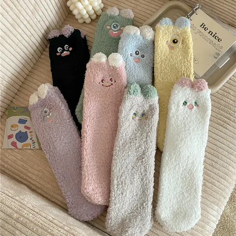 Women Thickened Coral Fleece Sleep Socks Cute Cartoon Embroidery Winter Warm Fuzzy Floor Socks Sweet Home Cozy Socks