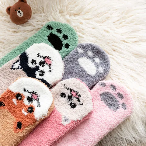 Süße Cartoon Tierpfote Corallenfleece Socken Für Damen Verdickt Warm Wadenlang Schlafsocken Gemütliche Plüsch Hausbodesocken