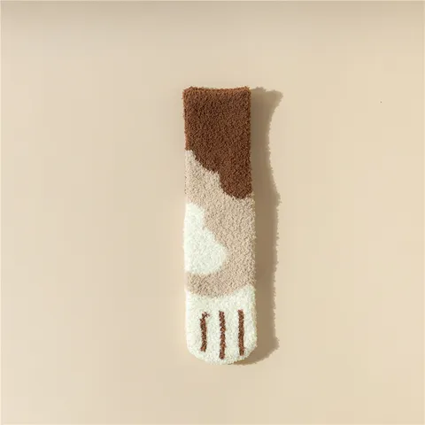 Chaussettes de Sommeil d'Hiver en Polaire Corail Épaissie pour Femmes Chaussettes de Sol Antidérapantes Patte de Chat Chaudes
