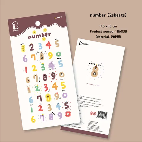 Simpatici Adesivi di Carta con Numeri di Animali 2 Fogli B6038 Adesivo di Cancelleria Decorativo per Diario Scrapbooking DIY