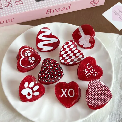 Sweet Red Heart Hair Claw Clip PVC Plaid Leopard Alphabet Sharks Jaw Clip Casual Everyday Updo Hair Styling Accessories For Women Girls