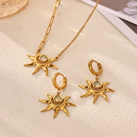 18K Gold Plated Stainless Steel Sun Pendant Necklace Earrings Set For Women Retro Rhinestone Artificial Pearl Jewelry Set