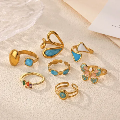 Stainless Steel 18K Gold Plated Open Ring Blue Enamel Butterfly Geometric Finger Ring For Women Niche Design Jewelry
