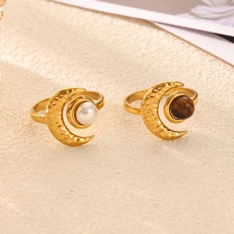 Stainless Steel 18K Gold Plated Vintage Moon Ring For Women Amber Stone Artificial Pearl Hammered Adjustable Open Ring Jewelry