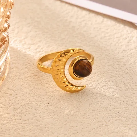 Stainless Steel 18K Gold Plated Vintage Moon Ring For Women Amber Stone Artificial Pearl Hammered Adjustable Open Ring Jewelry
